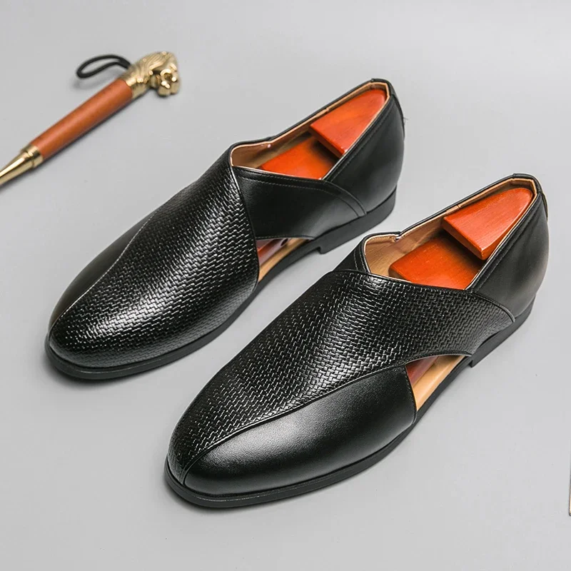 New Summer Men Loafers Black Brown Slip-On Round Toe Pu Leather Men Shoes Handmade Size 38-47