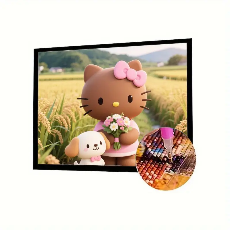 

5D DIY Diamond Painting Kit, Cute Hello Kitty & Adorable Puppy with Flower Bouquet in Golden Rice Field, Full Drill Square Diamo