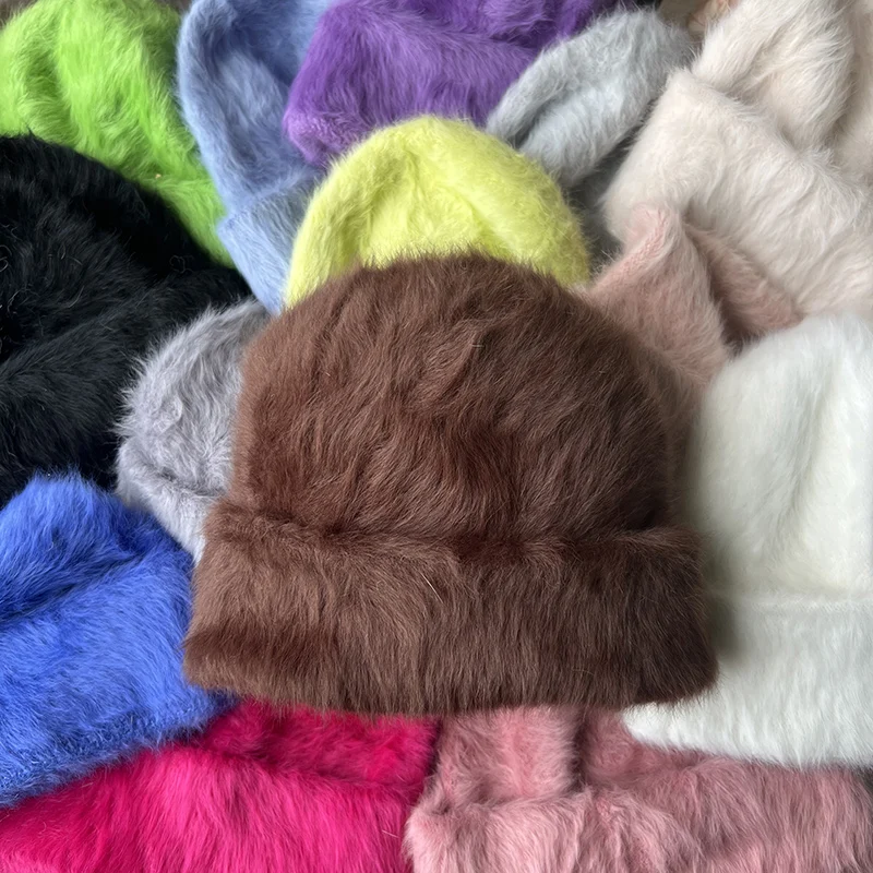 2023 neue Mode Kaninchen Fell Y2k Mützen für Frauen Weiche Warme Flauschigen Angola Winter Hut Weibliche Winddicht Motorhaube Hut Skullies Kappe – Detail 23