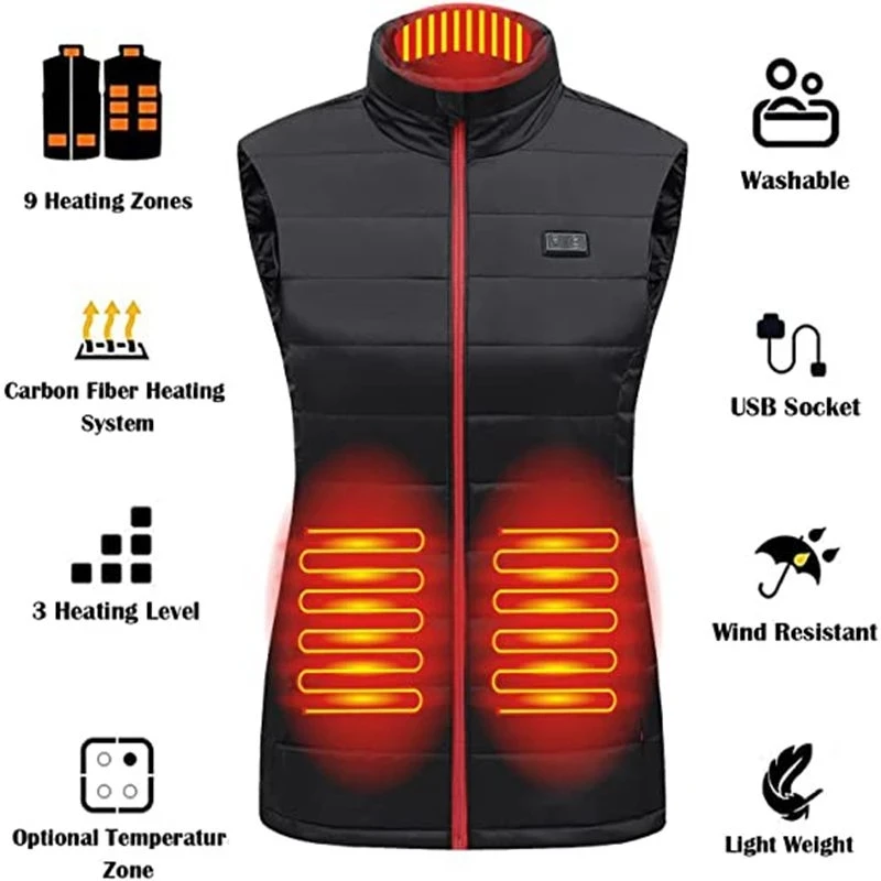 Women 9 Heated Vest Zones Electric Heated Jackets Women Sportswear Heated Coat Graphene Heat Coat USB Heating Jacket For Camping