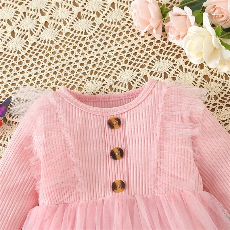 Kids Baby Girl Fall Dress Long Sleeve Dress Crew Neck Patchwork Tulle Dress Casual Toddler Clothes