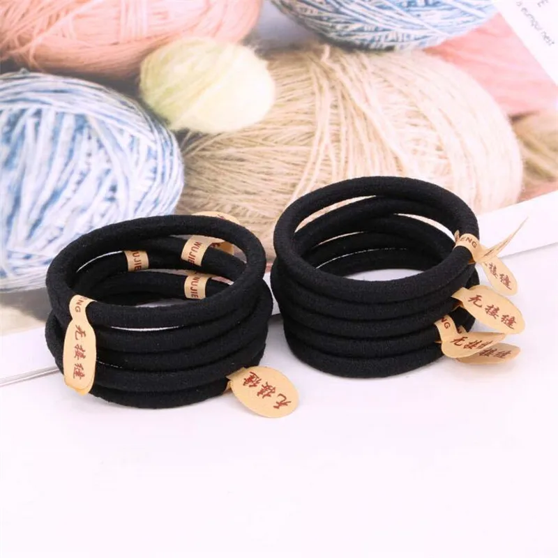 10PCS New style seamless labeling rubber band black basic hair tie high elastic hair rope 0.6 thick thread head rope