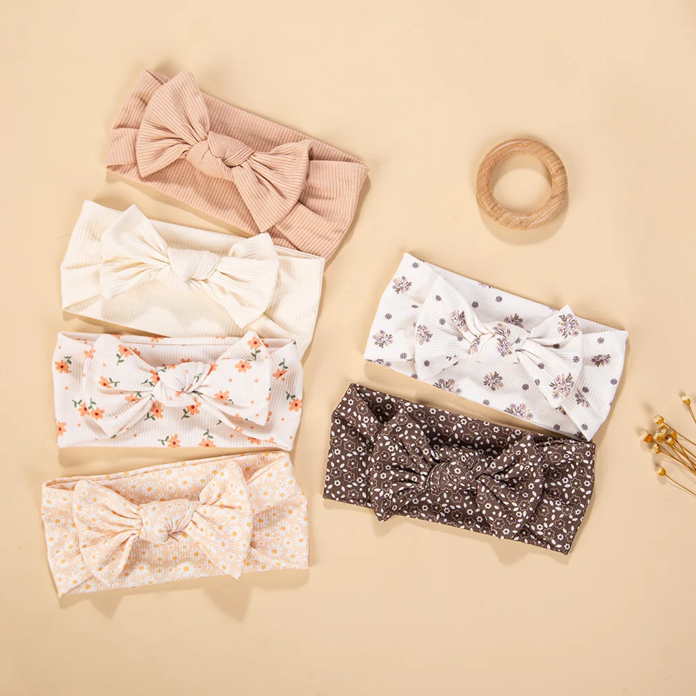 3Pcs/Lot Cream Color Mini Flower Print Bows Headbands Baby Girls Topknotted Headwraps Kid Korean Soft Ribbed Elastic Hairbands