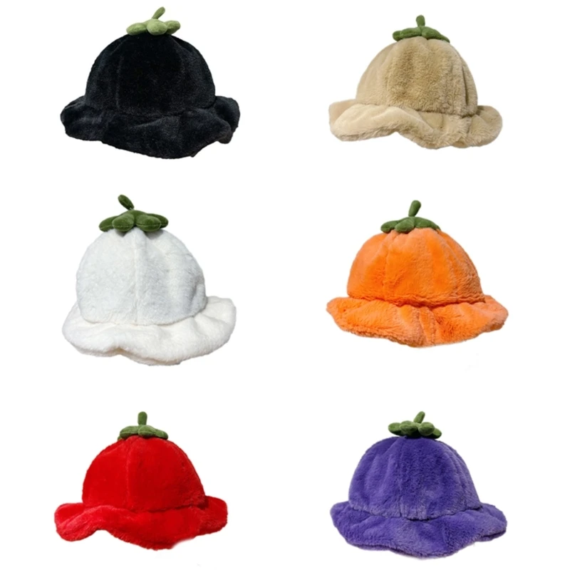 Furry Hat for Unisex Persimmon for Party Prom Vacation Hat Thicken Xartoon Bucket Hat Warm Hat Photo Props
