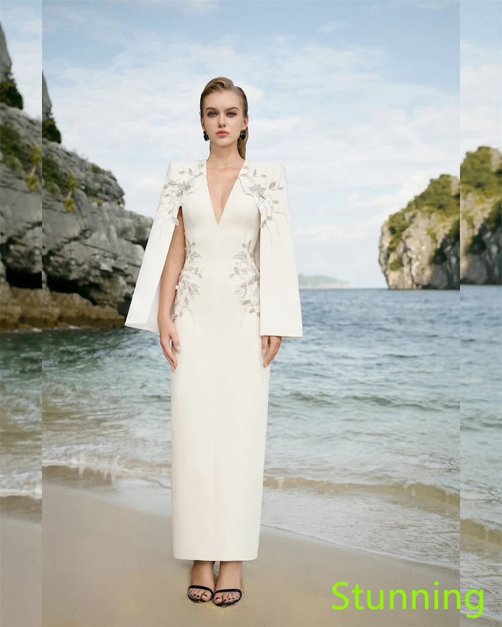 맞춤형 절묘한 화이트 저지 이브닝 드레스 v 넥 3/4 슬리브 연예인 가운 맞춤형 행사 가운 아플리케 고품질