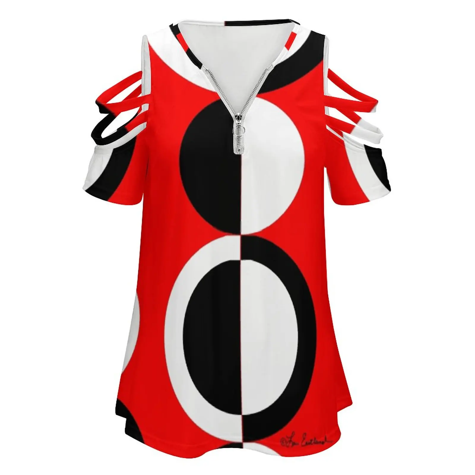 Red Black White Mod Circles Women's T-Shirt New Fashion Printed Zipper V-Neck Short Sleeve T Shirts Casual Plus Size Black