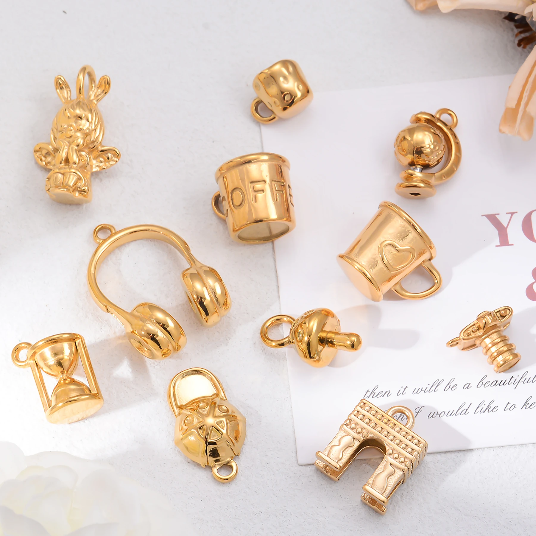 2 قطعة مطلية بالذهب الفولاذ المقاوم للصدأ سحر قلادة فنجان القهوة/سماعات/قبعة/الملاك DIY بها بنفسك مجوهرات قلادة سوار صنع العثور