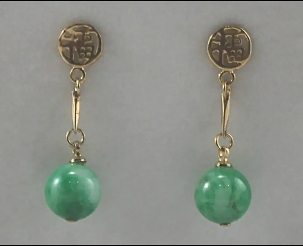 

Women's simple metal plated Fu word long accessories 10mm flower green jade Round Earrings