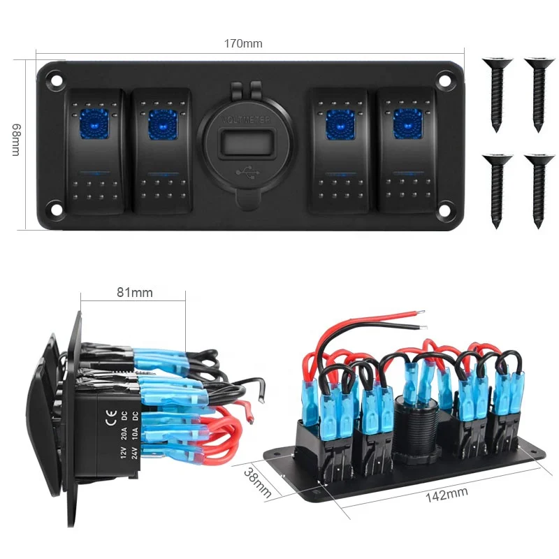 4 Gang Rocker Switch Panel with USB Charger Voltmeter Waterproof 12V-24V DC Rocker Switch with QC3.0 Dual USB Charger and Night