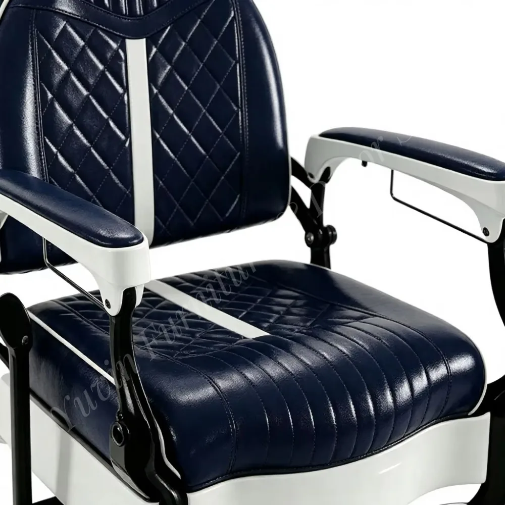 Navy Blue Synthetic Leather Diamond Stitch Modern Barber Chair Hydraulic Reclining Rotatable Durable Barbershop Shaving Chair