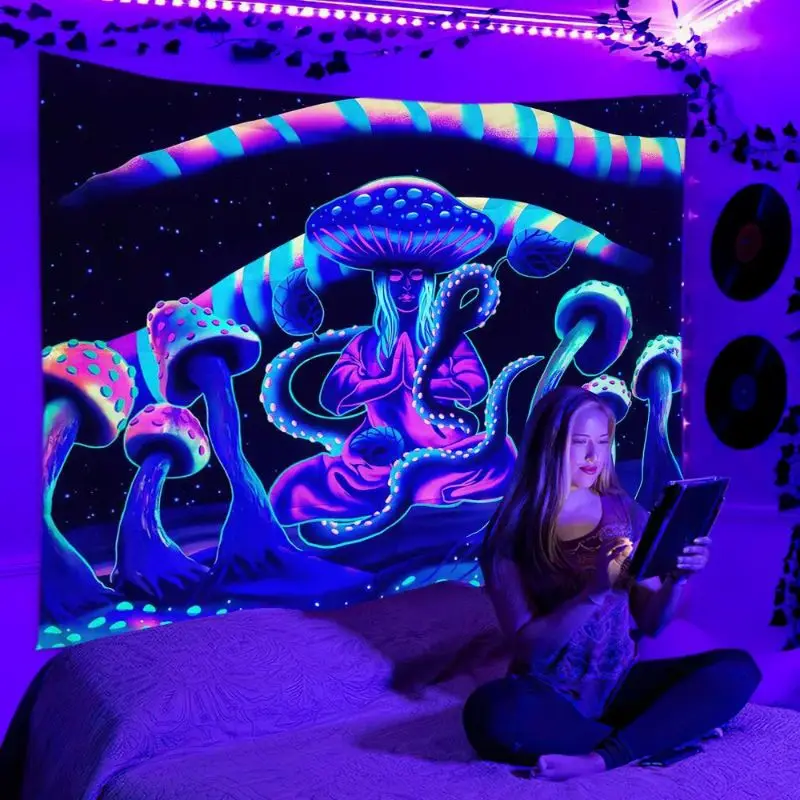 VIKAMA Black Light Meditating Matron Fungi Serpent Mind Altering UV Active Tapestry Surreal Wall Blanket Decor Soft Durable Cozy