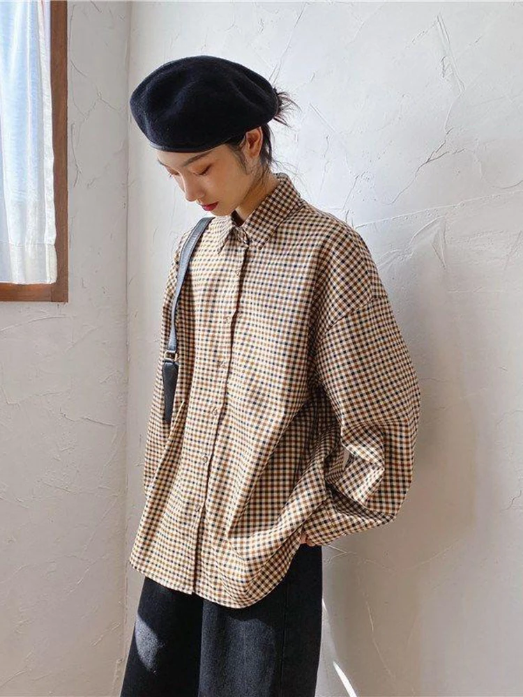 Jmprs Vintage Plaid Shirt Women Elegant Preppy Style Simple Blouse Korean Loose Long Sleeve Sweet Female Retro Harajuku Tops New