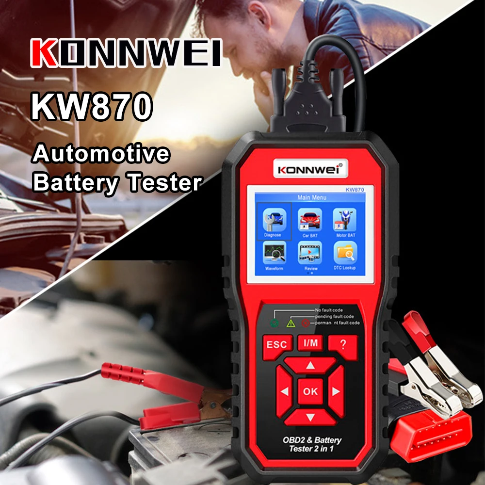 KONNWEI KW870 6V 12V Car Motorcycle Battery Tester OBD2 Diagnostics Tool Scanner 2 in1 Cranking Charging Test Tools for the Car