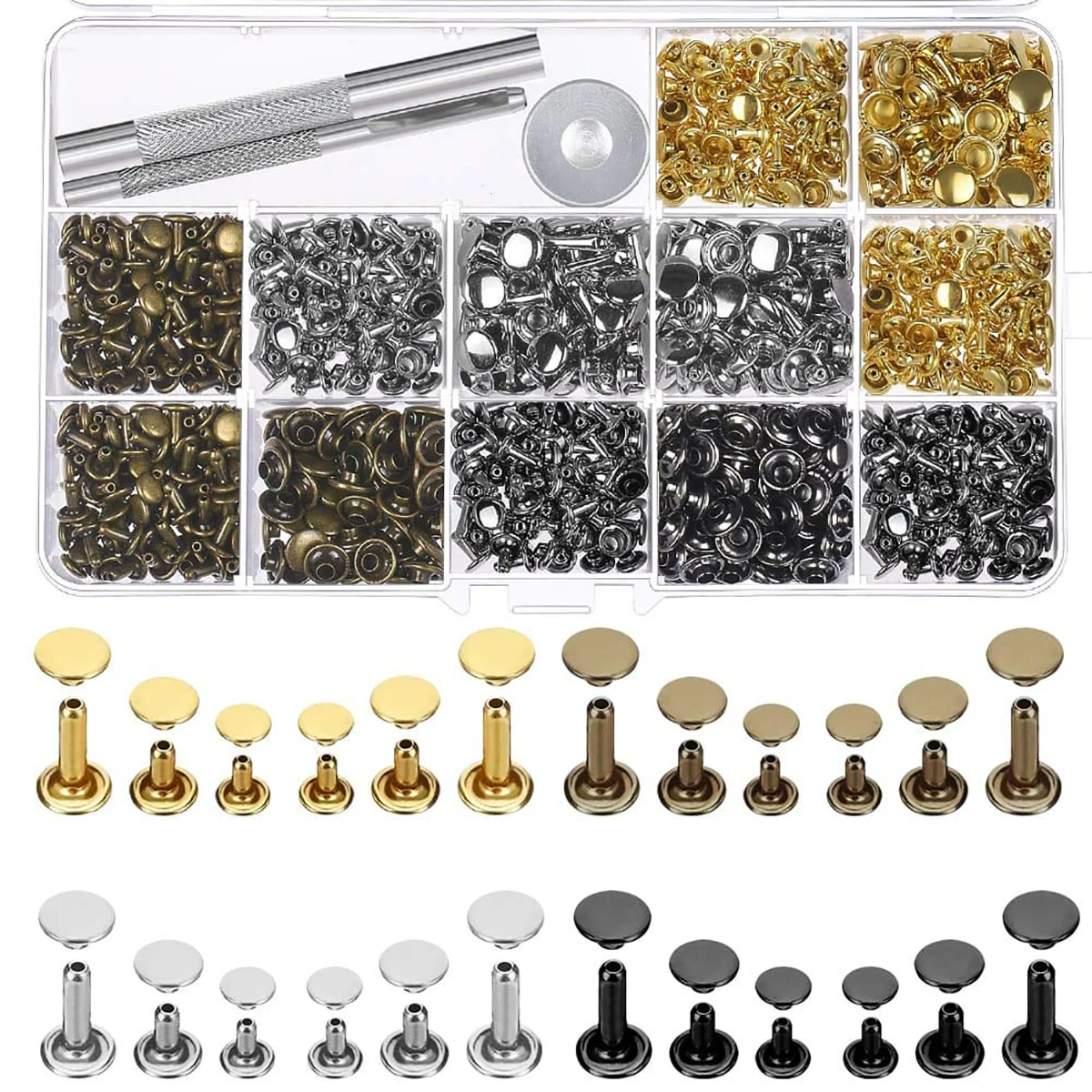 Leather Rivets 3 Sizes Double Cap Rivet Tubular Metal Studs Kit for Leather Craft Repairs Tool Decoration