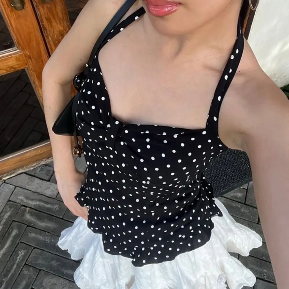 

Stylish Dot Sleeveless Crop Top Lace Up Slim Fit Halter Ruffle Vest Top Chic Korean Style Women Camisole Summer