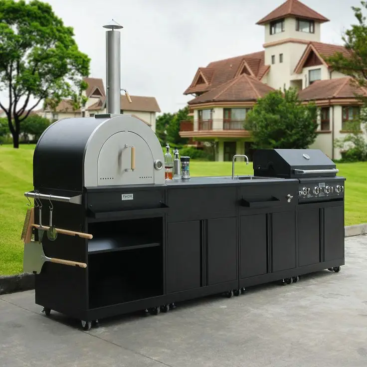 Cocina al aire libre para parrilla, horno de Pizza, juego de muebles de jardín, gabinete de cocina esquinero de acero inoxidable negro para barbacoa al aire libre con fregadero