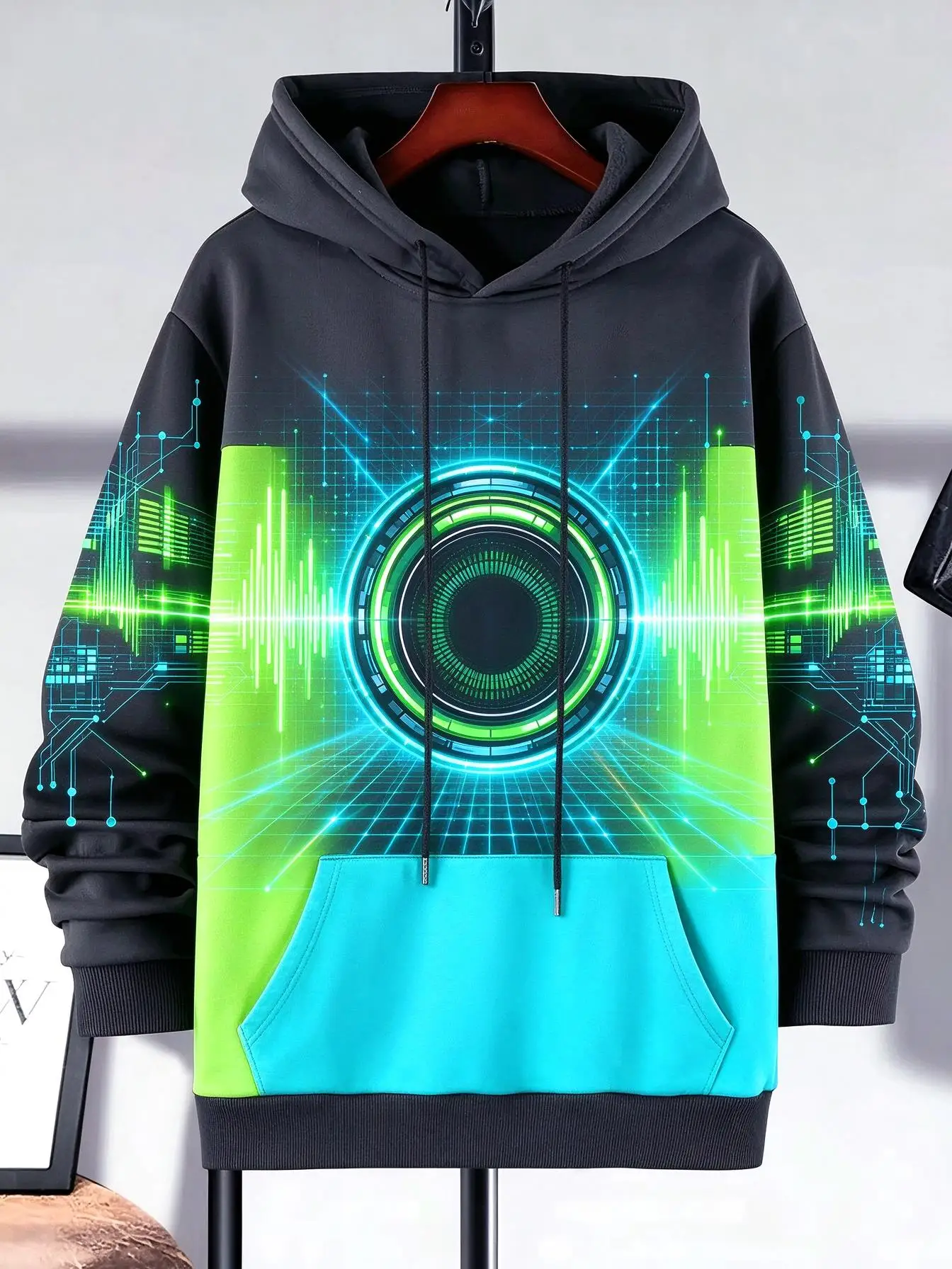 Men's Hoodie Thin Autumn Winter Futuristic Cyber Circuit Neon Scorpion Pattern Print Hoodie Loose Fit Sci-fi Tech Street Style