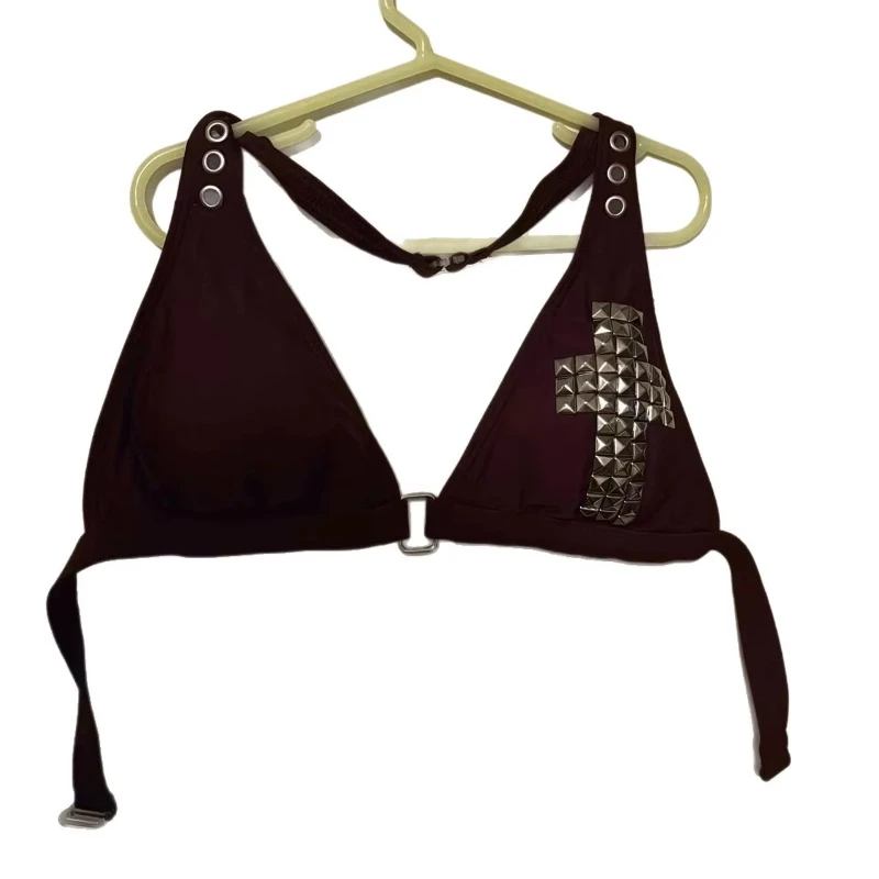 Gothic Cross 2000s Europe America Summer Solid Color Sexy Spice Girl Camisole Rivet Metal Buckle Rhinestone Women Beach Bikini