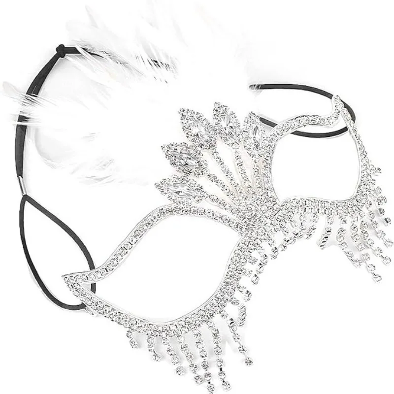 Máscara de mascarada de plumas para mujer, máscara de Mardi Gras, máscaras de diamantes de imitación plateadas brillantes, accesorios para fiesta de disfraces, noche y graduación