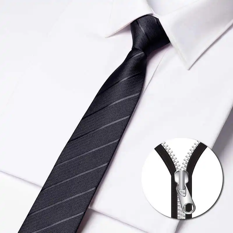 

High Quality Black Striped Zipper Tie Fashionable Men's Narrow Version 6cm Casual Business Convenient Work Zipper Style Necktie