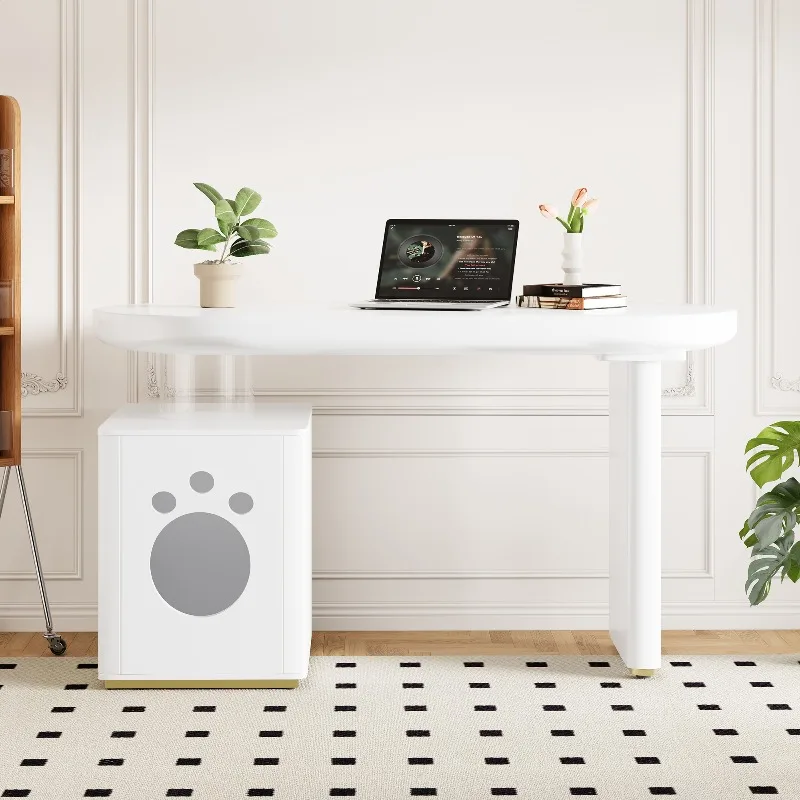 Bureau en bois massif épaissi, entièrement peint en blanc de style français avec bords arrondis, pieds de 5 cm d'épaisseur pour plus de stabilité, table d'ordinateur moderne et minimaliste pour la maison, le bureau ou le salon