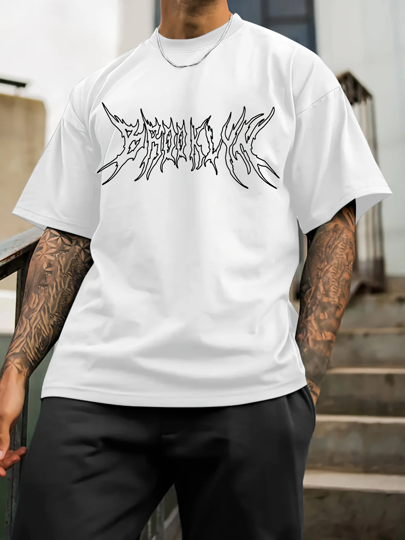 T-shirt casual da uomo girocollo con scritte geometriche - Tessuto lavorato a maglia 100% poliestere