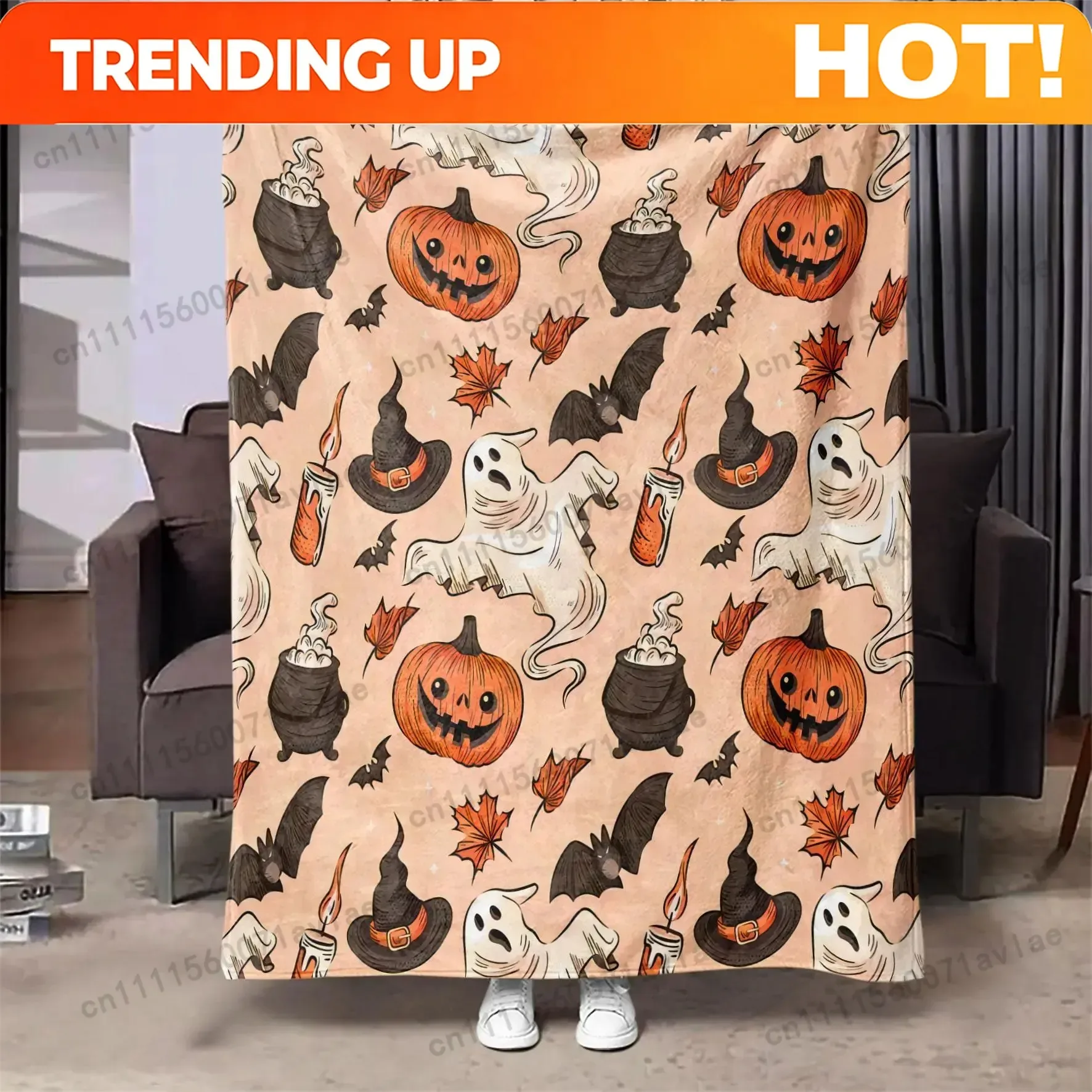 Customize Cartoon Themed Blanket, 1 Count Lovely Pumpkins & Ghosts Pattern Soft Warm Nap Throw Blanket, Air-conditioned Room Bla