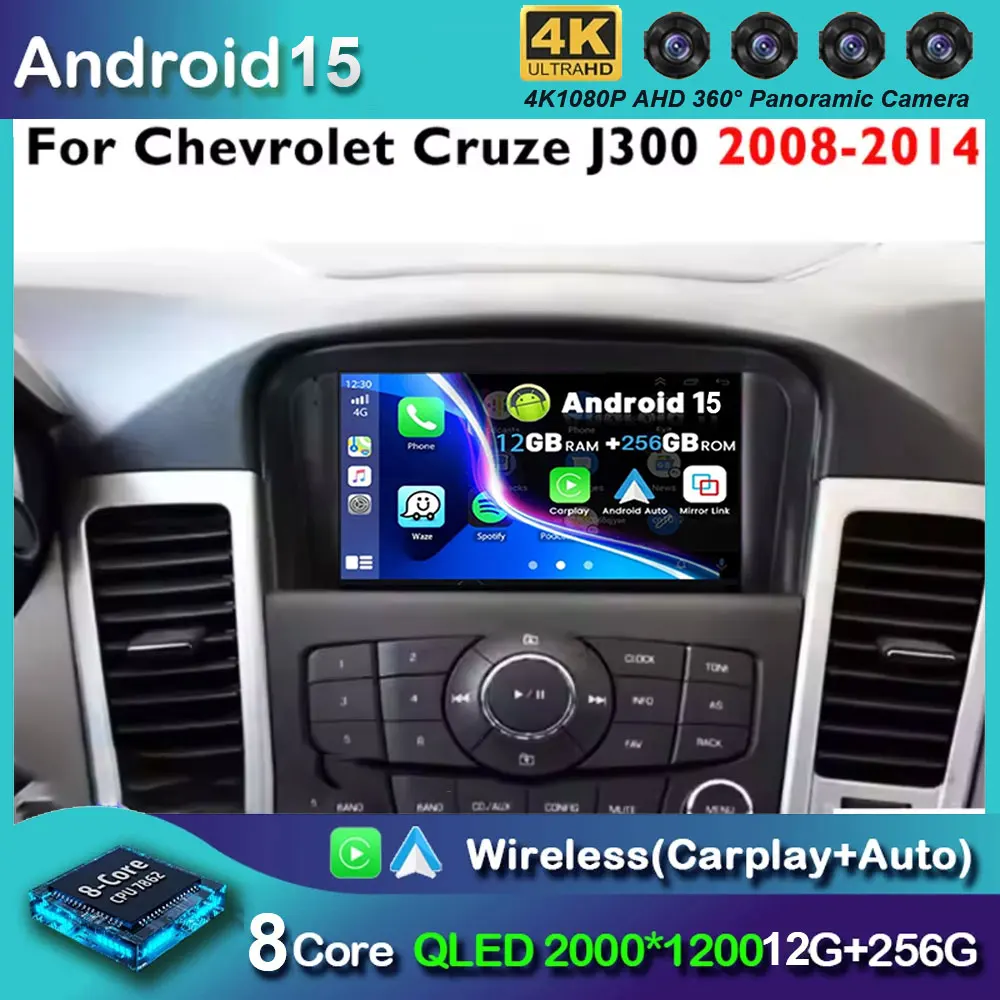 Car Radio Android 15 For Chevrolet Cruze J300 2008-2014 Multimedia Video Player QLED GPS Navigation Built-in Carplay BT RDS DSP