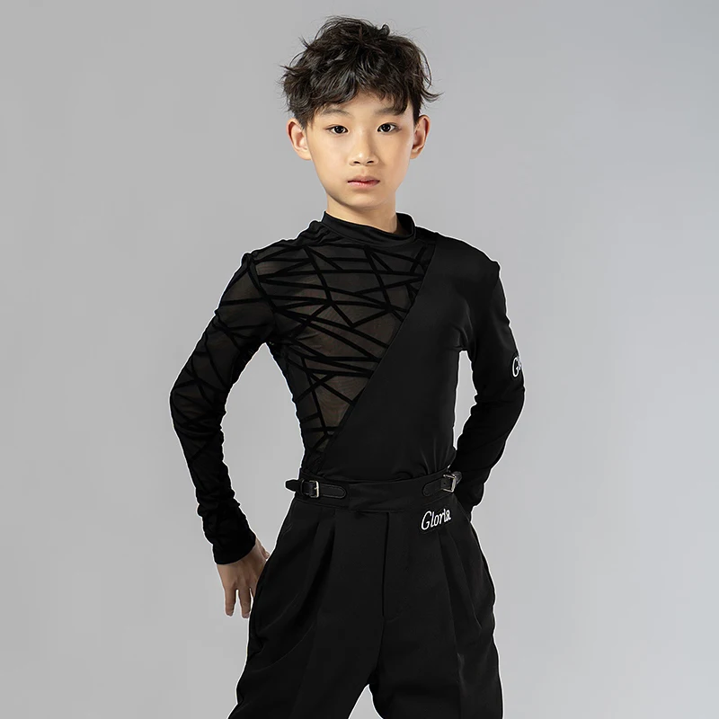 

New Kids Boy Latin Dance Costumes Children Long Sleeve High-Neck Tops Ballroom Cha Cha Dance Training Clothes Black Shirt XH1831