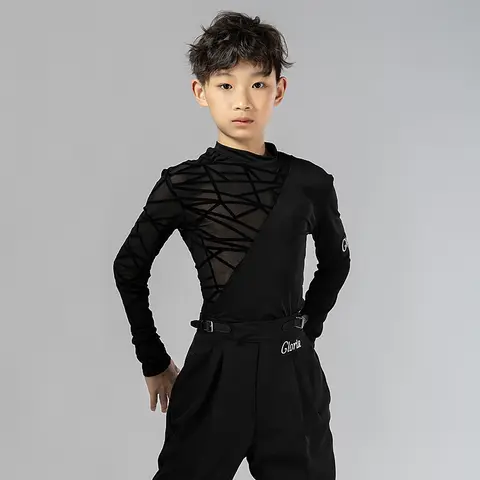 New Kids Boy Latin Dance Costumes Children Long Sleeve High-Neck Tops Ballroom Cha Cha Dance Training Clothes Black Shirt XH1831