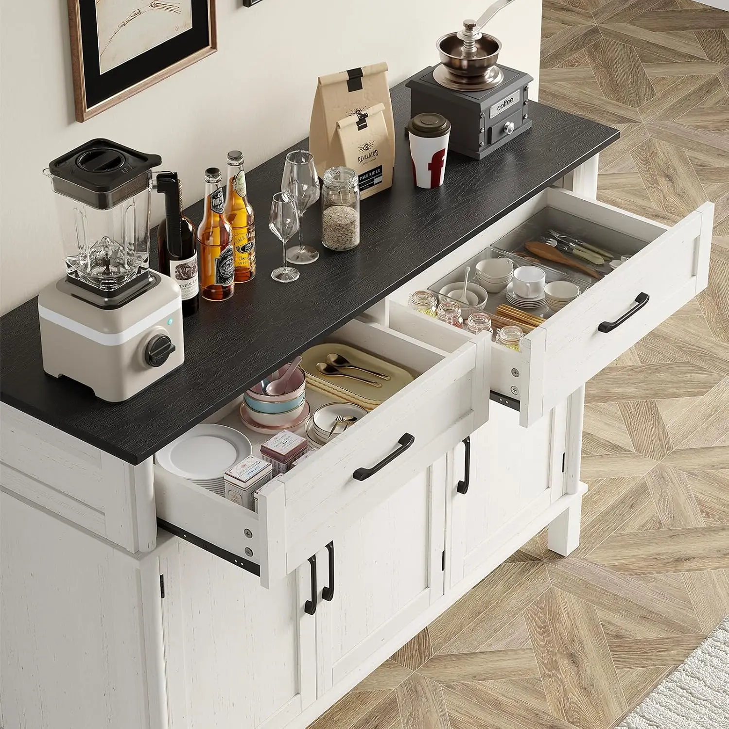 48 Inch Sideboard Cabinet with Storage, Off White & Black, Customized