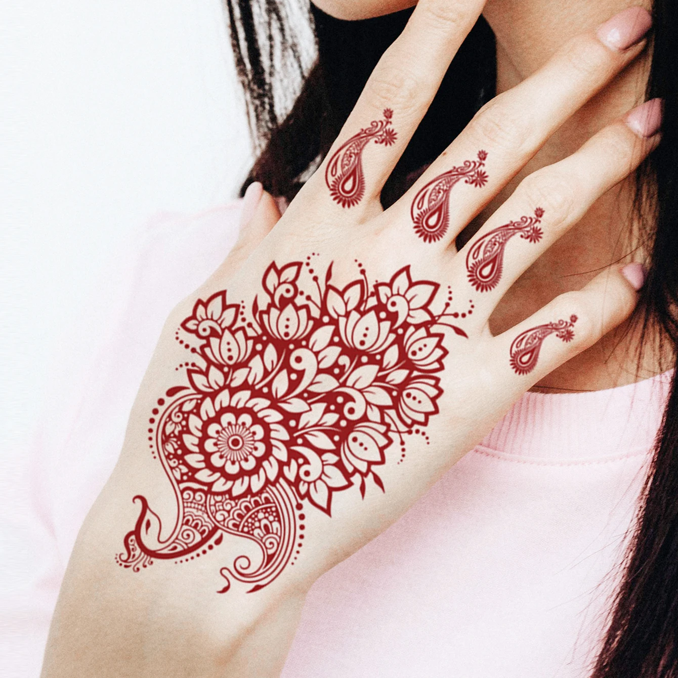 4pcs Waterproof Temporary Tattoo Sticker Brown Red Indian Hannah Lace Fake Tatto Flash Tatoo hand back  Tato for Girl Women