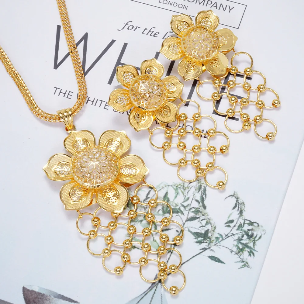 

Flower Necklace Sets Gold Color Drop Earrings Tassel Jewelry Party for Women Gifts 2pcs Sets Shinning Jewelry Fashion Set Africa
