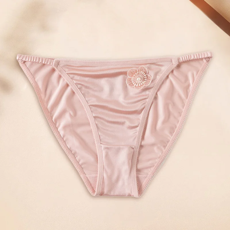 1pc Women Ultra-thin Nylon Panties Solid Color Satin Seamless Breathable Briefs Low-waist Floral Elastic Lingerie Underpants