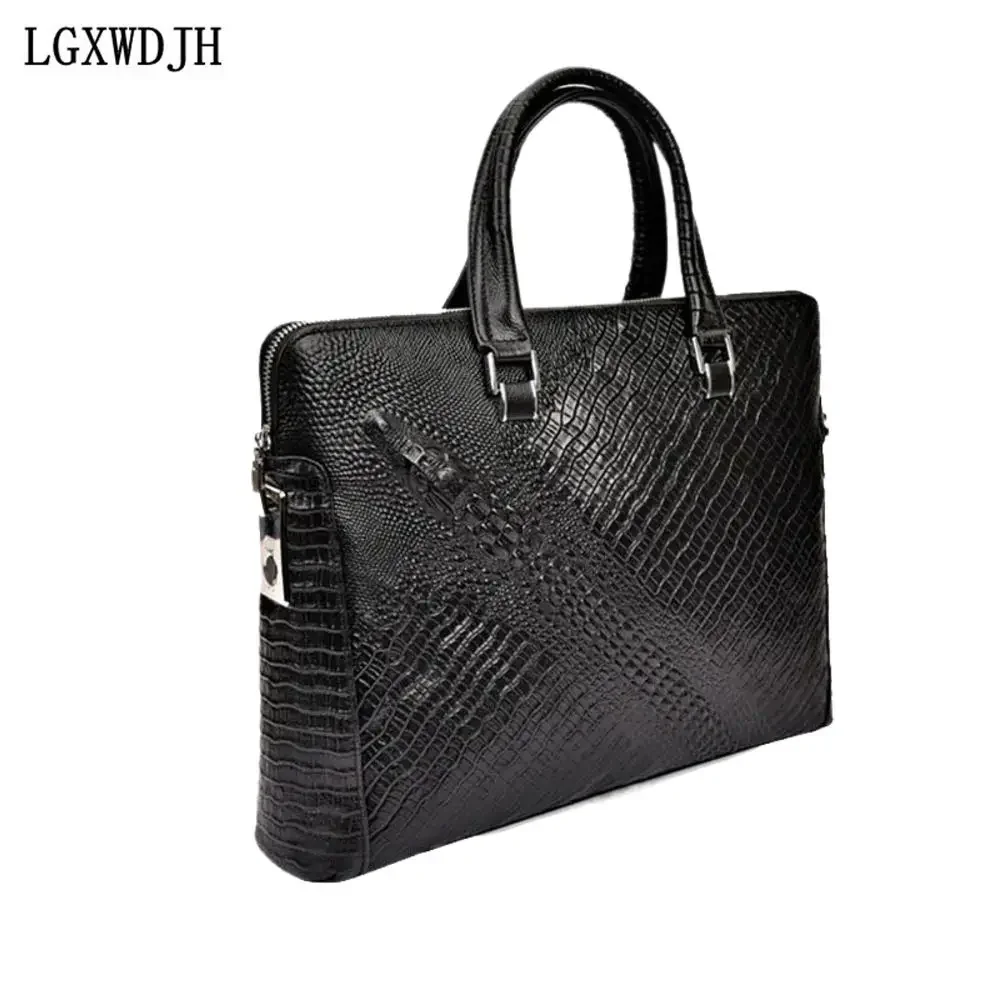 Bolsa masculina inteligente com desbloqueio por impressão digital, bolsa de couro em relevo de crocodilo, pasta de negócios de primeira camada,