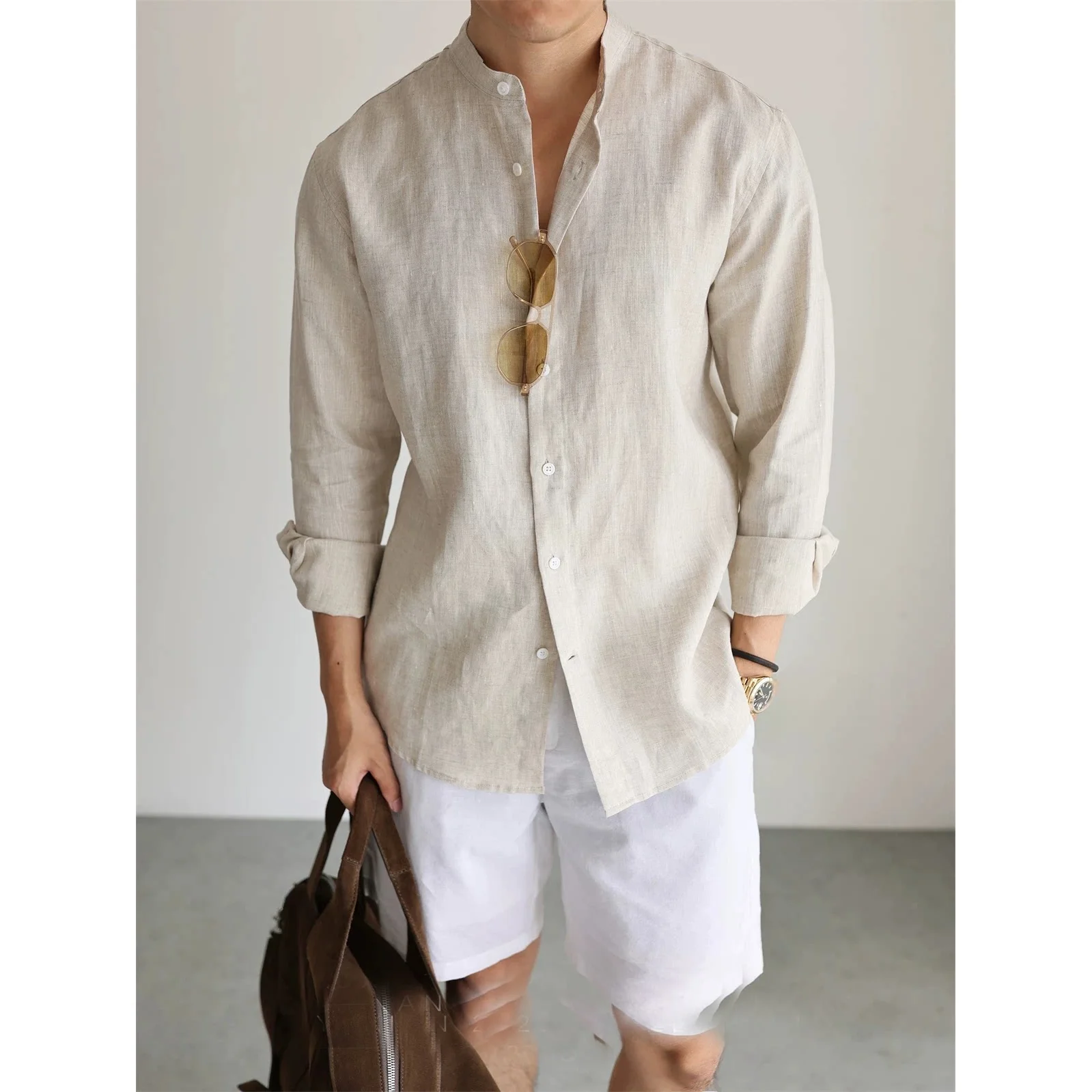 

High-End American Retro Pure Cotton Henry Collar Long Sleeve Shirt Men's Loose Casual Shirt Autumn New Style Breathable Comfo...