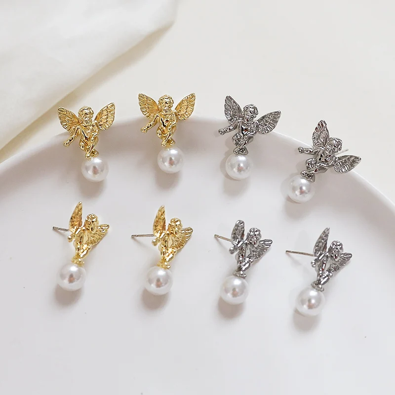 2pcs Vintage Baroque Angel Wings Pearl Earrings 925 Silver Needle Diy Handmade Ear Jewelry Earrings Material Accessories Charms