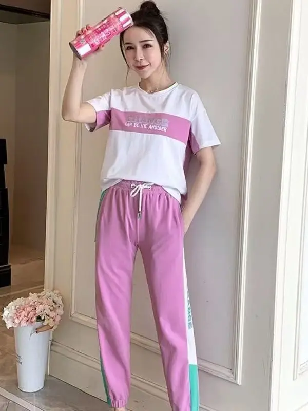 Summer New Casual Sportswear Set Loose Fit Women's plus Size Clothing Short Sleeve Meat Concealing Two-Piece Set Hip Hop Style 2