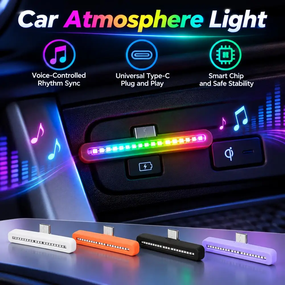 Mini USB C RGB Sound Activated Rhythm Light LED Ambient Lamp Car Interior Desktop Phone Decoration