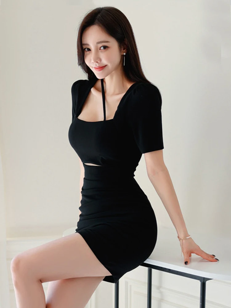 Hotsweet-Vestido negro Sexy para mujer, Mini Vestido elegante Y2K de manga corta recortado, ceñido al cuerpo, para fiesta y Club nocturno