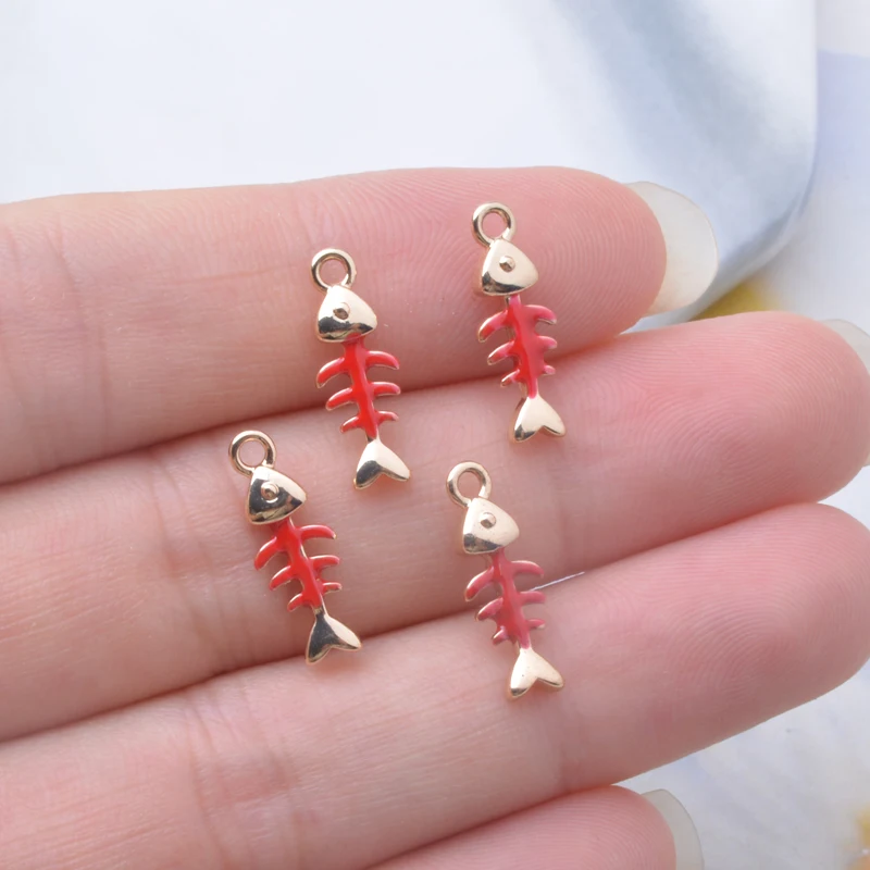 6 stücke Kupfer goldene Emaille Mini Fischgräten Charms zweiseitig tropfenden Öl Anhänger DIY Schmuck Ohrring machen – Detail 3