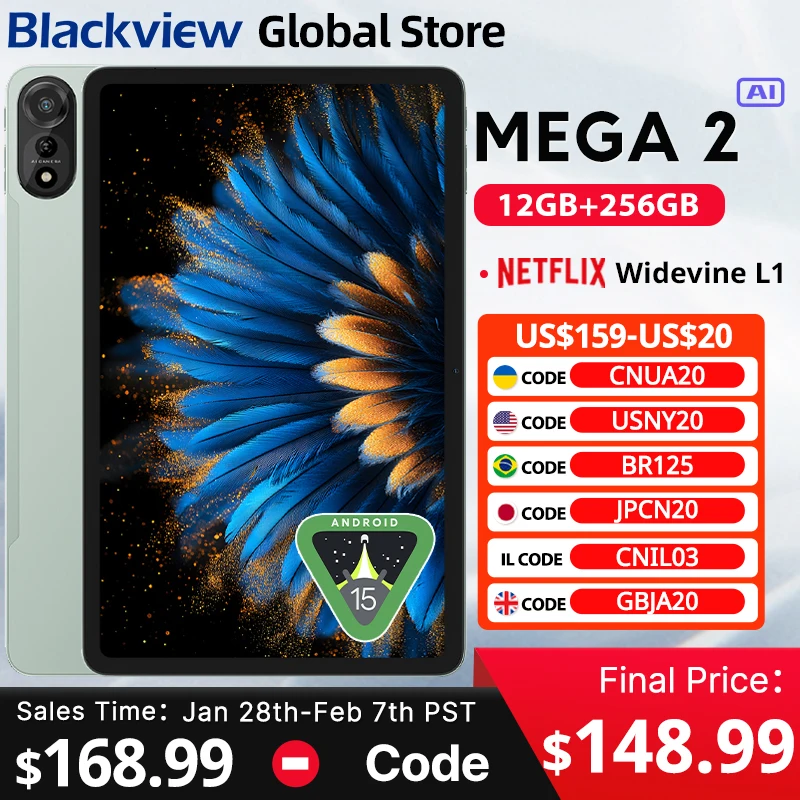 Blackview mega 2 tablets 12 polegadas 2k display widevine l1 android 15 24gb (8 + 16), 256gb 9000mah bateria ai câmera principal almofada pc