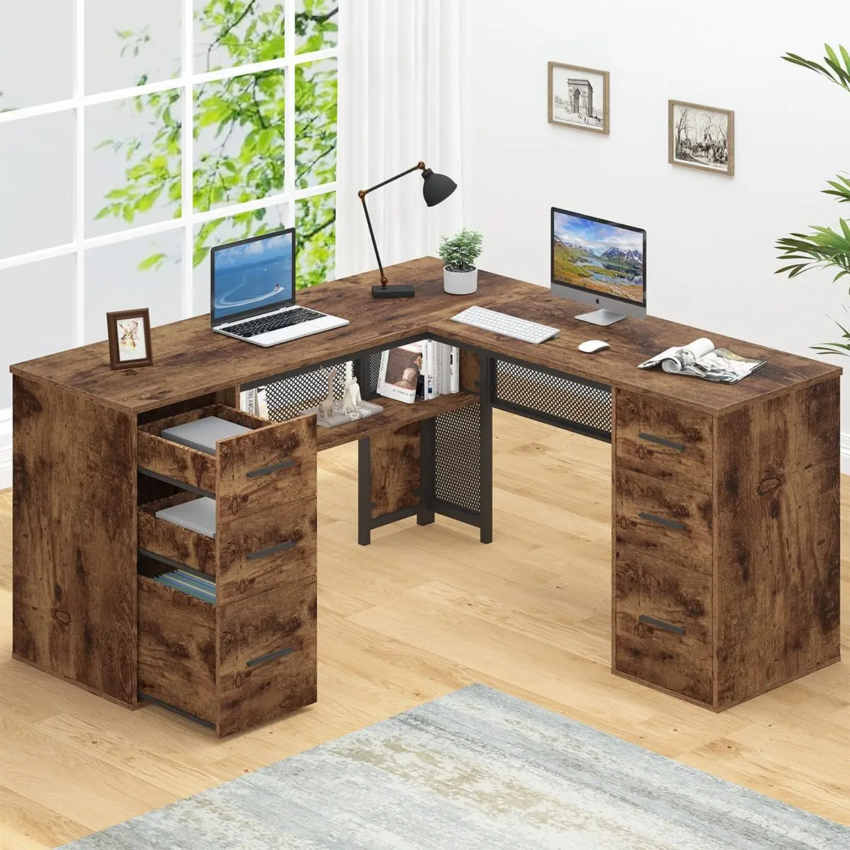 Hsh L Shaped Computer Desk With File Drawers, Large Metal Wood L Shape Table With Storage Cabinet Shelves, Reversible Corner