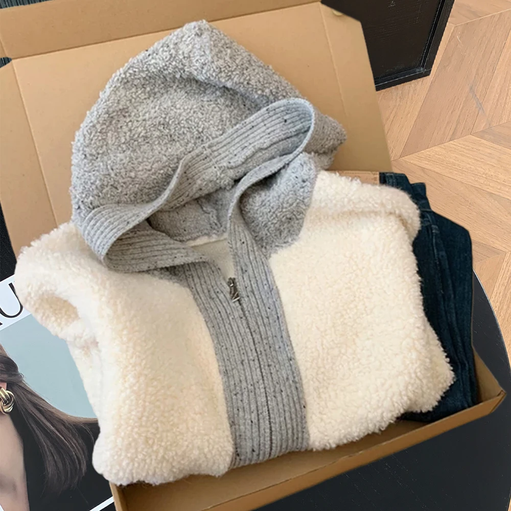 

Женские вязаные лоскутные кардиганы с капюшоном, осень-зима, теплый повседневный свитер контрастного цвета, верхняя одежда, свитера с двойной молнией для поездок на работу