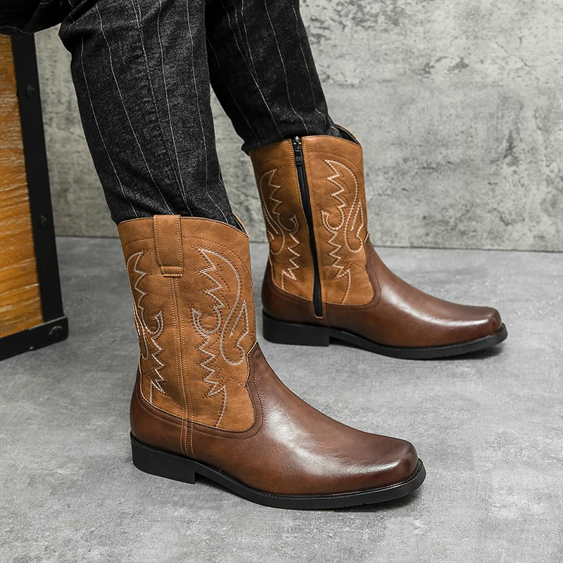 2023 Handmade Men Cowboy Boot High Quality Embroidery Western Leather Flat Boots Mid-calf Male Boots Outdoor Zipper Riding Boots