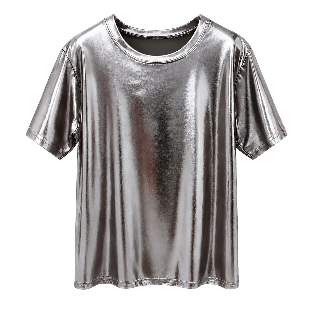 Fashion Summer T-shirt Bright Silk Shiny Short Sleeve Tshirt Aesthetic Stylish Dance Wear Club