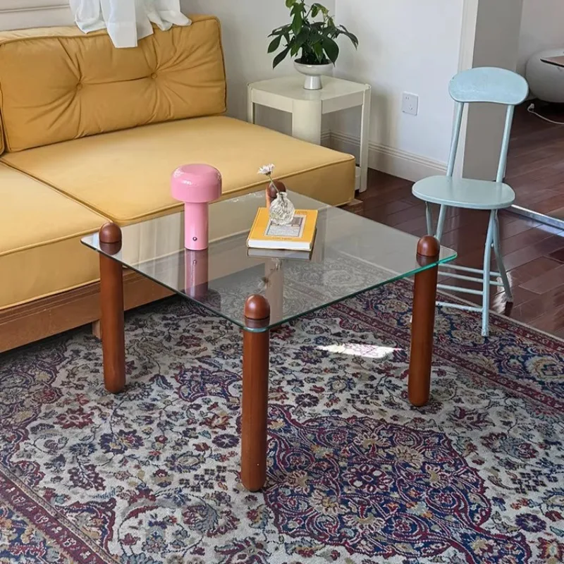 

#k for New Design Vintage Cute Glass Top Coffee Table with Round Wooden Knob Legs Living Room Center Table Furniture*