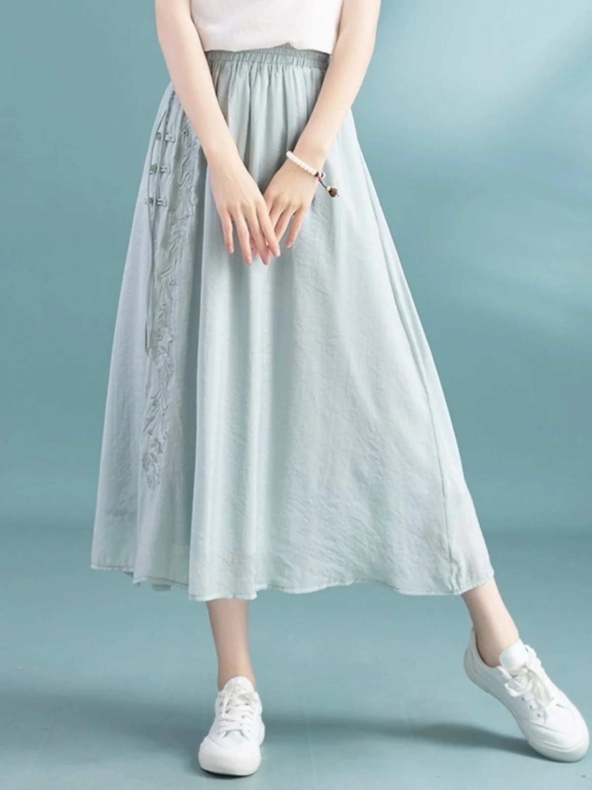 

Юбка трапециевидной формы из хлопка и льна с вышивкой Ele, женская летняя новая китайская юбка в стиле ретро с эластичной резинкой на талии, полная юбка миди с высокой талией...