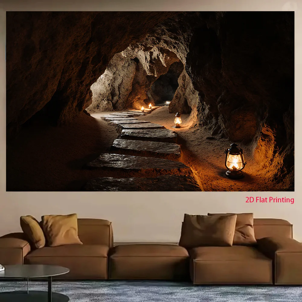 Mysterious Cave Tunnel Tapestry, Vintage Lantern Path Wall Hanging, Dark Adventure Decor Moody Room Blanket Photography Backdrop