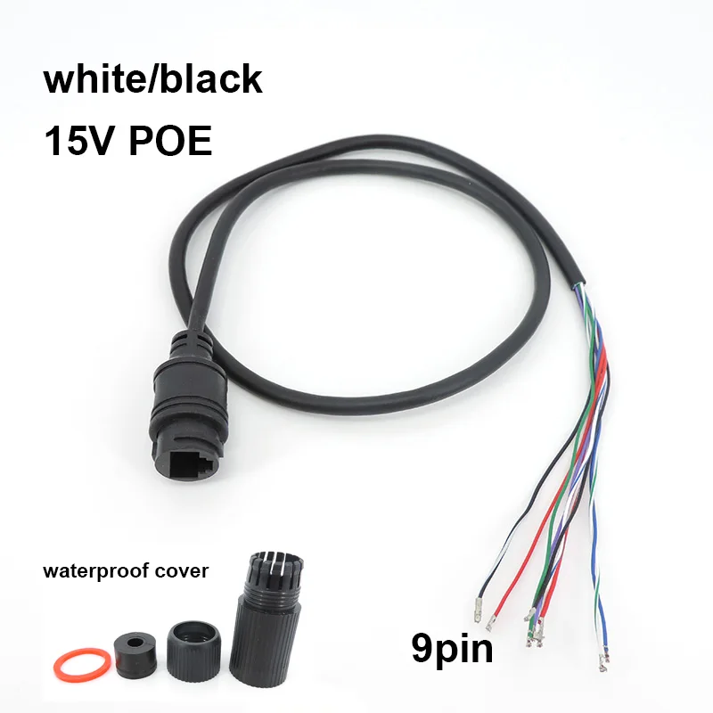 Single-Ended Power Cabo de ponta única para câmera IP, monitoramento CCTV, branco e preto, 15V, 9 núcleos, porta de rede RJ45, POE